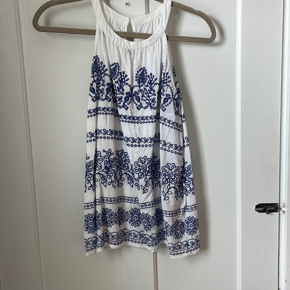 White and blue halter eyelet tank top